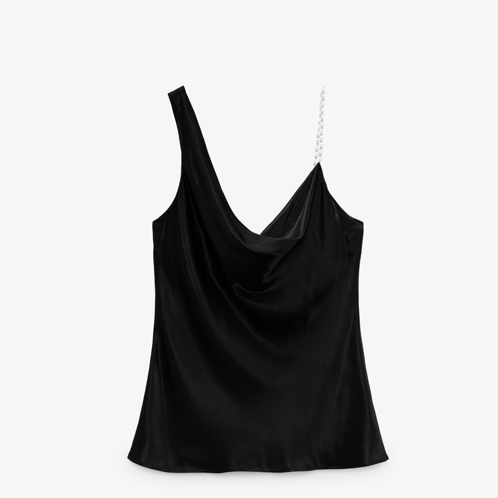 Zara Black Satin Silk Cowl Neck Pearl Strap Tank Top Small S